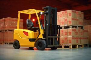 forklift transporting cargo container in distributi photo