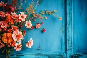 flowers on a blue wooden background photo