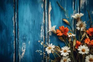 flowers on a blue wooden background photo