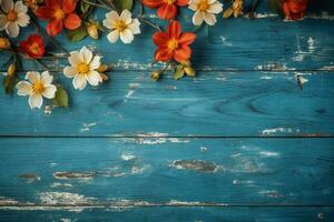 flowers on a blue wooden background photo