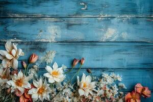 flowers on a blue wooden background photo