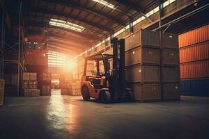 forklift transporting cargo container in distribu photo