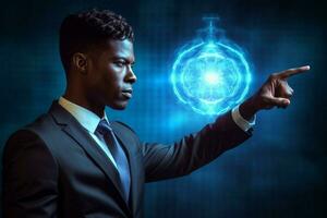 futuristic businessman pointing to glowing abstract photo