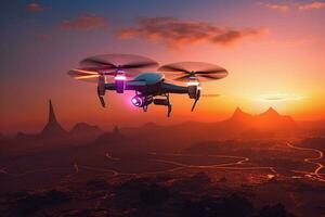 futuristic drone captures aerial view at sunset photo