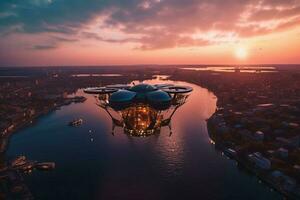 futuristic drone captures aerial view at sunset photo