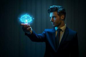 futuristic businessman pointing to glowing abstra photo