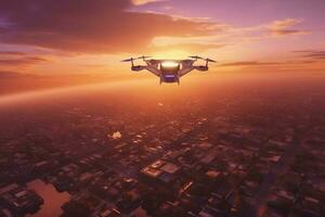 futuristic drone captures aerial view at sunset photo