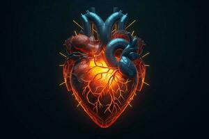 glowing lines at human heart 3d shape on dark backg photo