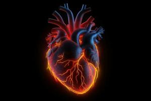 brillante líneas a humano corazón 3d forma en oscuro respaldo foto