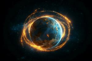 glowing sphere orbits planet earth in space photo