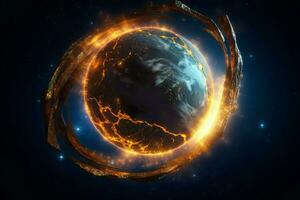 glowing sphere orbits planet earth in space photo