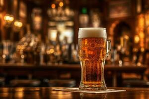 glass of beer on the bar in front of the bar photo