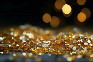 golden glitter lights on isolated on dark backgroun photo