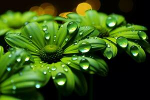 glowing green dew drops adorn daisy petals photo