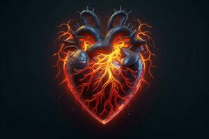 brillante líneas a humano corazón 3d forma en oscuro bac foto