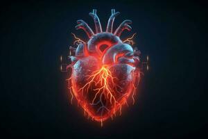 brillante líneas a humano corazón 3d forma en oscuro bac foto