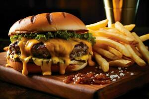 grilled cheeseburger with melted cheddar and frie photo