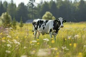 holstein cattle grazes on rural meadow beauty photo