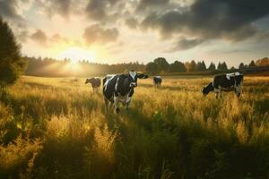 holstein cattle grazes on rural meadow beauty photo