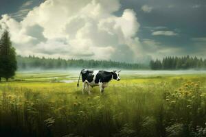 holstein cattle grazes on rural meadow beauty photo