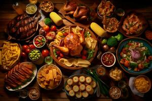 in lively colors a dinnertable full of food such as photo