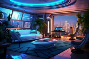 ilustración de futurista vivo habitación con inteligente foto