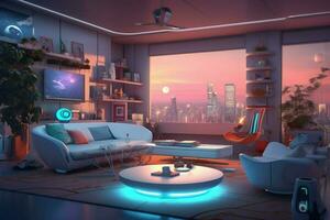 illustration of futuristic living room with smart photo