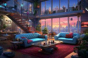 illustration of futuristic living room with smart photo