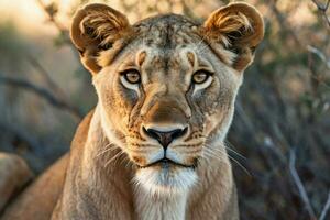 majestic lioness staring at camera in savannah photo