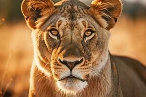 majestic lioness staring at camera in savannah photo