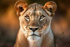 majestic lioness staring at camera in savannah photo