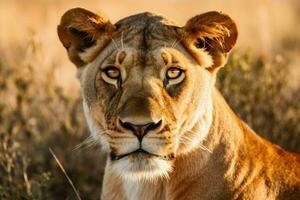 majestic lioness staring at camera in savannah photo
