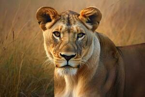 majestic lioness staring at camera in savannah photo