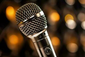 metallic microphone on stage for broadcasting perfo photo