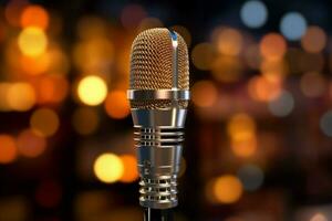 metallic microphone on stage for broadcasting perfo photo