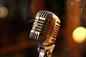 metallic microphone on stage for broadcasting perfo photo