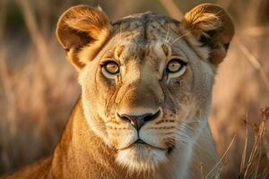 majestic lioness staring at camera in savannah photo