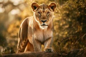 majestic lioness staring at camera in savannah photo