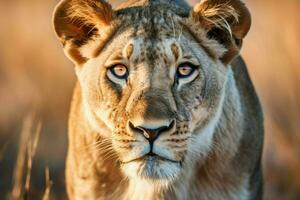 majestic lioness staring at camera in savannah photo