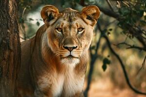 majestic lioness staring at camera in savannah photo