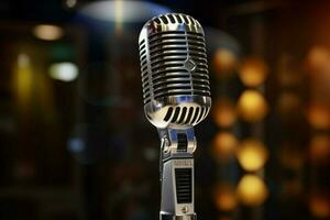 metallic microphone on stage for broadcasting perfo photo