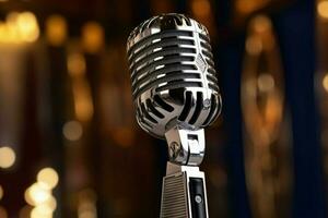 microphone on stage shiny chrome metal close up photo