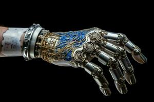 metallic cyborg hand showcases futuristic robotic photo