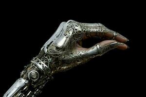 metallic cyborg hand showcases futuristic robotic photo