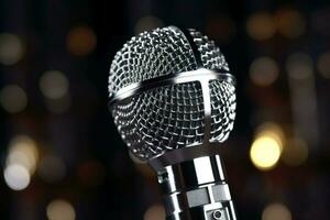 microphone on stage shiny chrome metal close up photo
