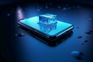 mobile phone glowing in blue reflection glass photo