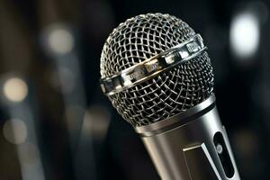 microphone on stage shiny chrome metal close up photo