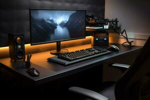 modern desk with computer monitor keyboard and mo photo