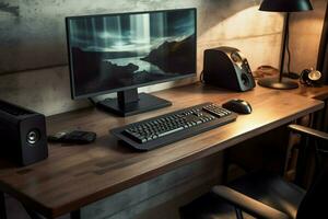 modern desk with computer monitor keyboard and mo photo