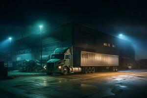 night trucking delivers cargo to steel warehouse photo